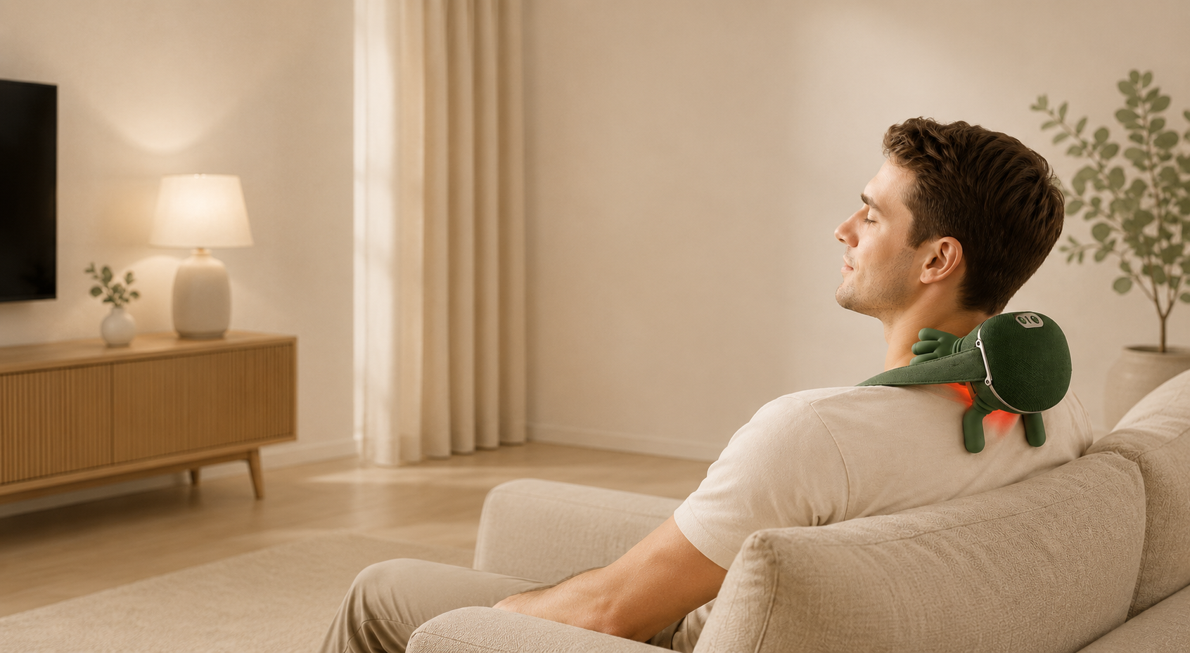 man relaxing with a neck massager at home