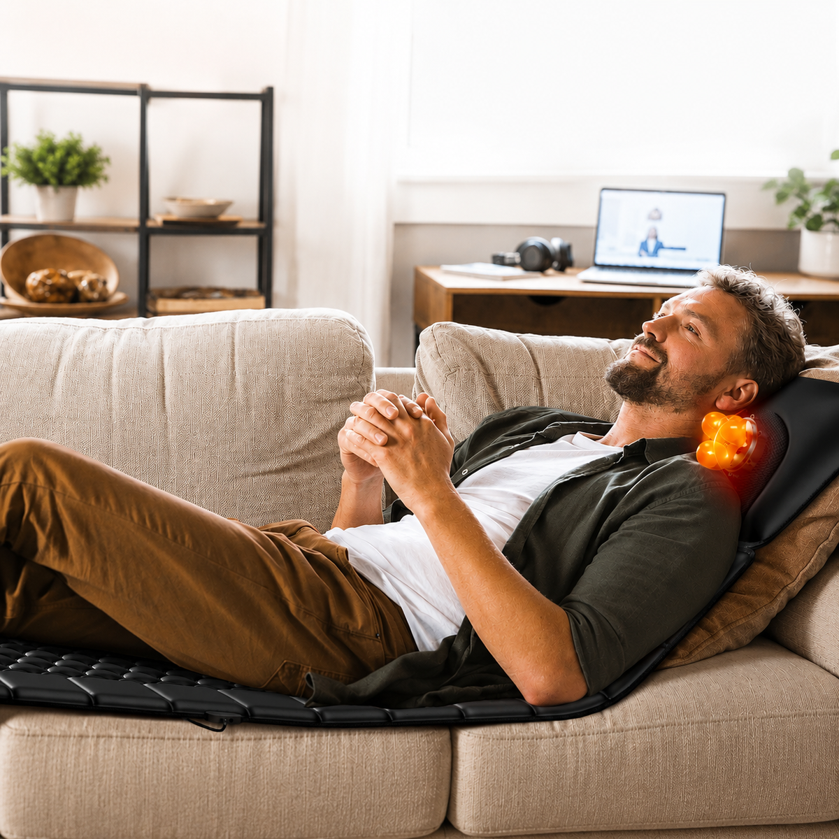 Man using a neck and shoulder massager on a couch in a living room.